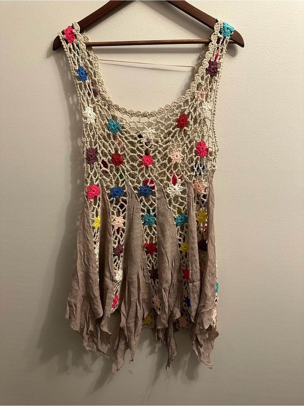 Hayden Beige Crochet Tank Top with Multicolor Floral Accents